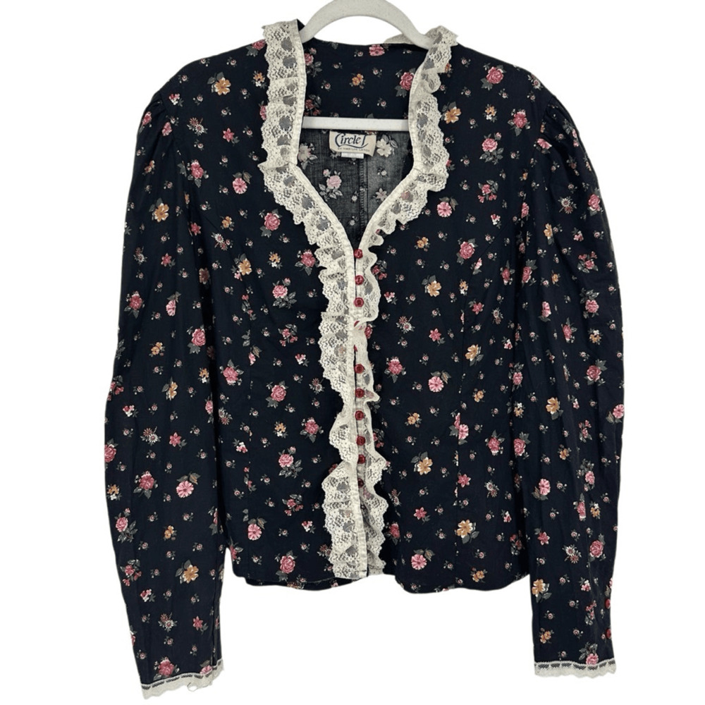 Vintage Circle T Womens Prairie Shirt  Size L Floral Lace Trim Victorian Regency